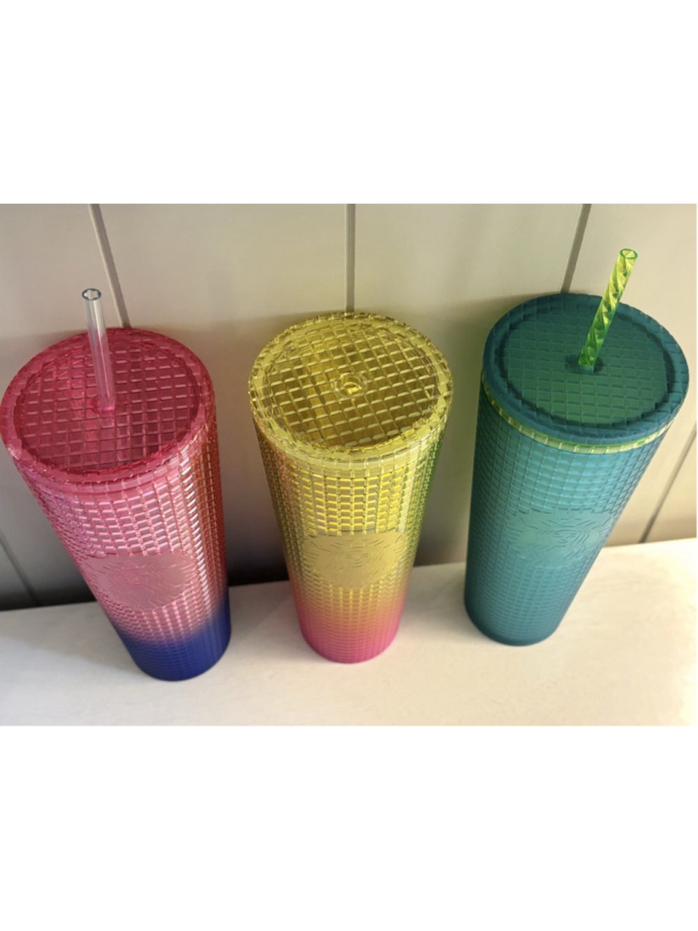 Lot (3) Starbucks Tumbler 24 oz Venti Iridescent Ombré Grid Vibrant Pink Green + - Picture 2 of 12
